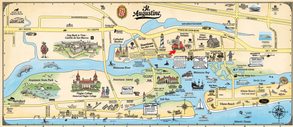 Illustrated map of St. Augustine with landmarks, roads, and water bodies highlighted.