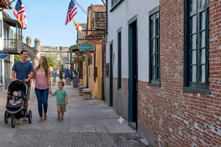 Family with stroller walking on a historic street with flags.