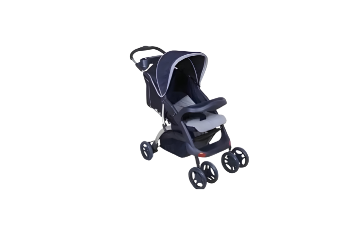 A black and gray baby stroller with four wheels.