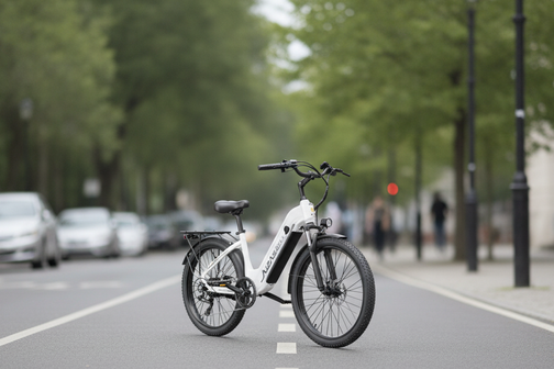 Electric bike on a quiet urban street with trees and parked cars.