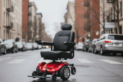 Red mobility scooter on an empty urban street with buildings in the background.