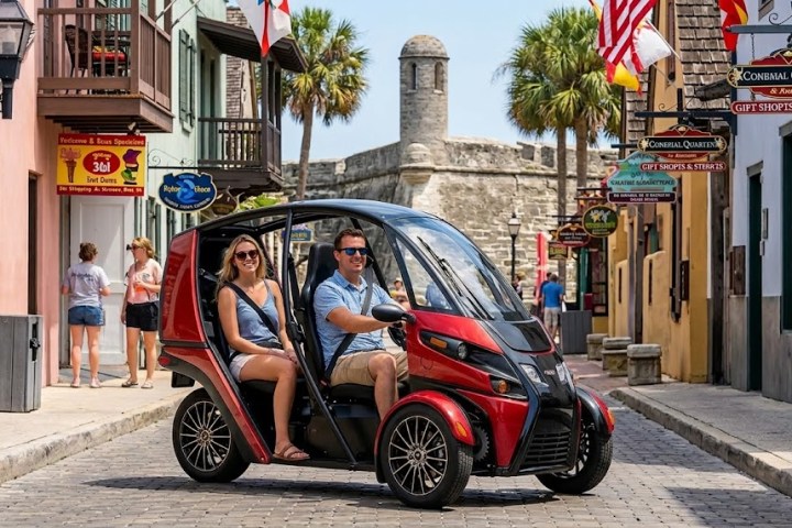 Couple in a red three-wheeled vehicle on a historic street with flags and shops.