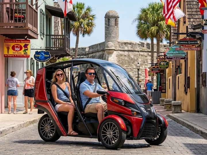 Couple in a red three-wheeled vehicle on a historic street with flags and shops.