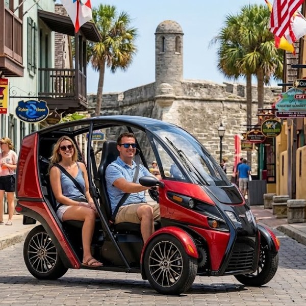 Couple in a red three-wheeled vehicle on a historic street with flags and shops.