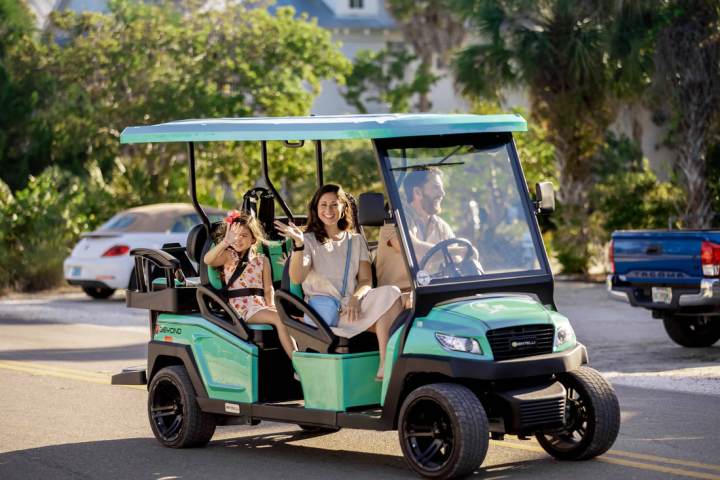 Family in a teal golf cart driving on a sunny road.