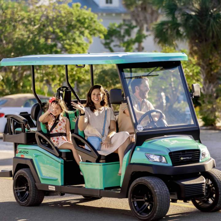 Family in a teal golf cart driving on a sunny road.