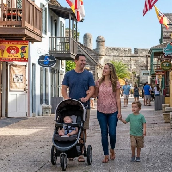 Family walking down a charming street with shops, two adults, one child, and a baby in a stroller.