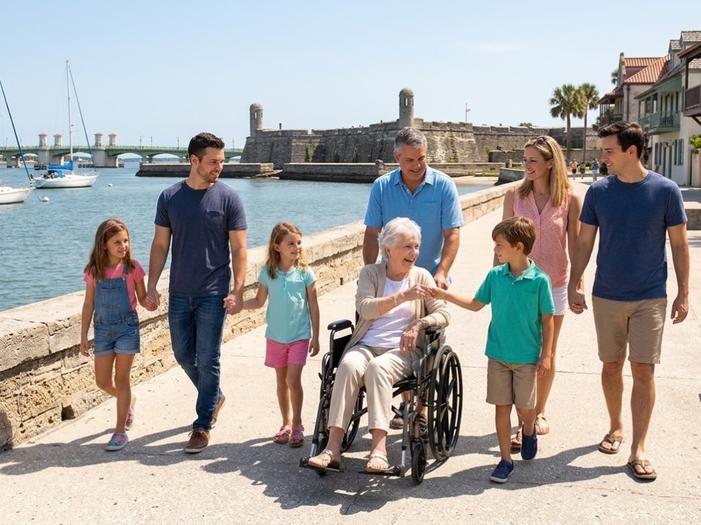 Family strolling by waterfront with boats, elderly woman in wheelchair.