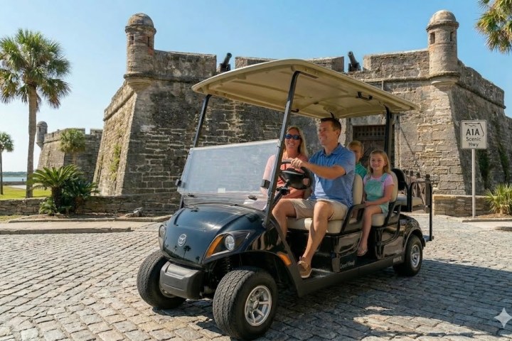 People in a golf cart near a historic stone fort on a cobblestone street.