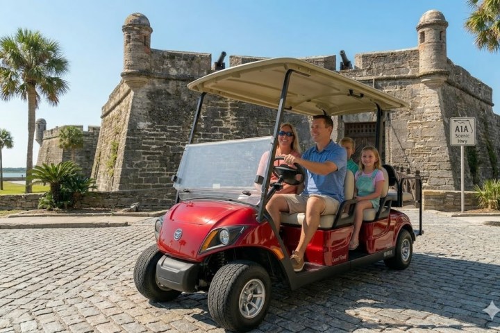 Family in a red golf cart near a historic stone fort with palm trees.