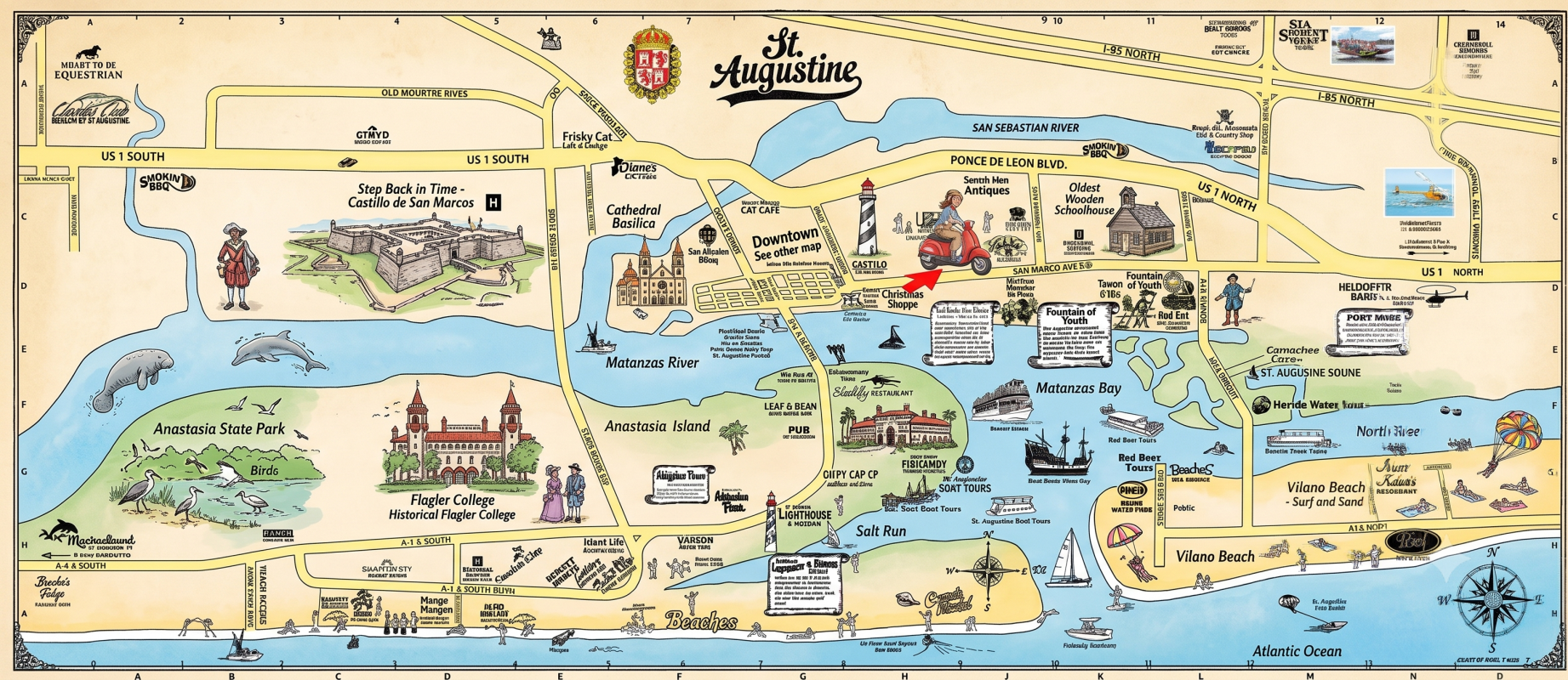 Illustrated map of St. Augustine with landmarks, roads, and water bodies highlighted.
