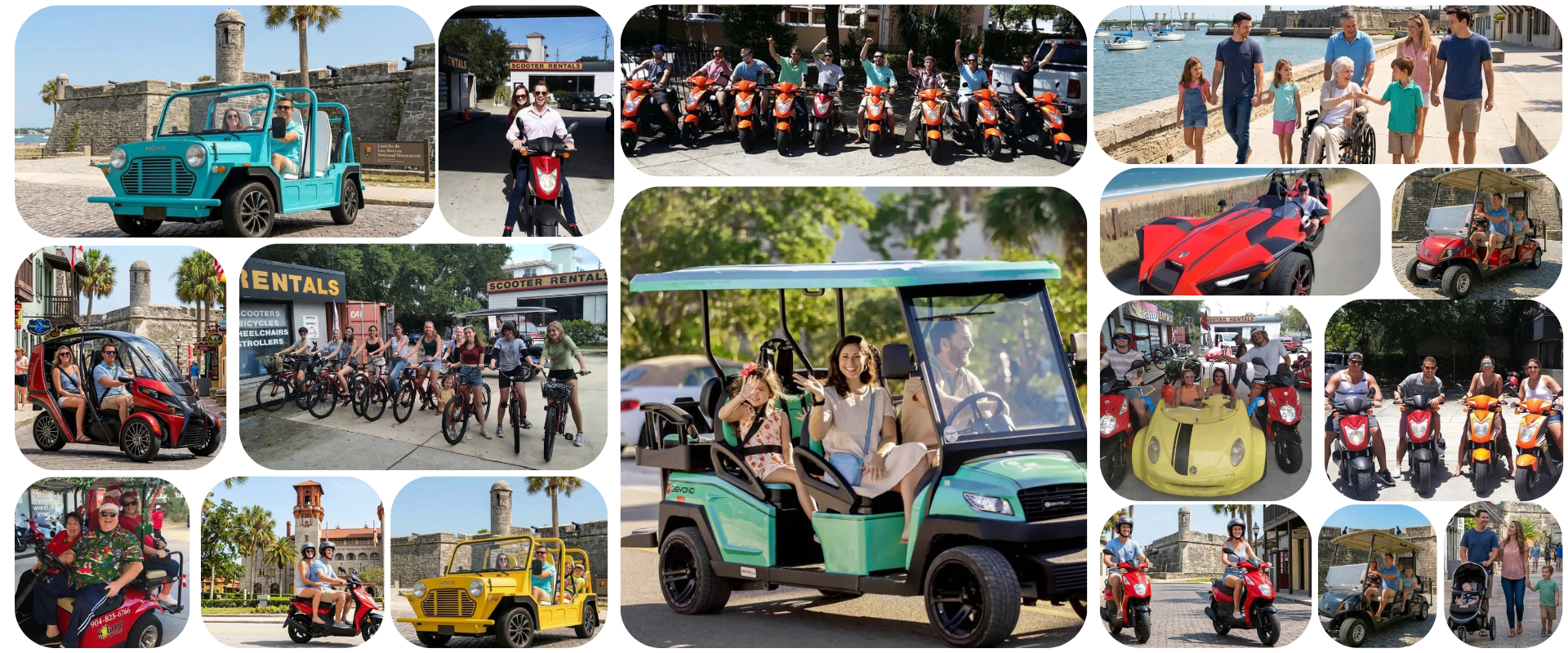 Collage of people on scooters, bikes, golf carts, and in front of a castle.